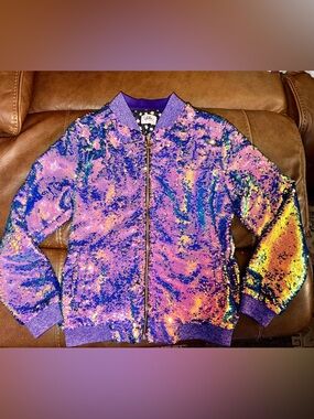 Lola + The Boys Women Iridescent Purple Sequin Bomber Jacket size S